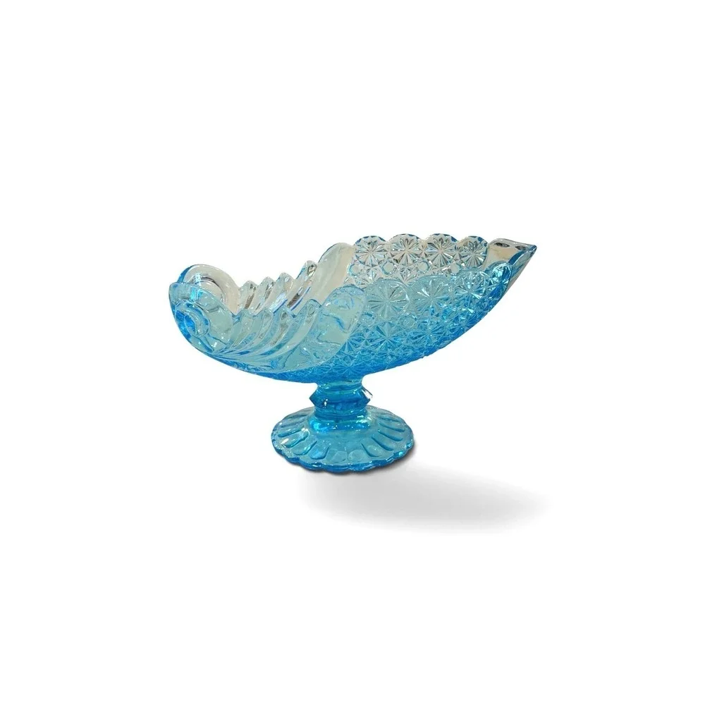 L.G. Wright Daisy & Button Aquamarine Blue Glass Pedestal Bowl 11.75 Oval Bowl